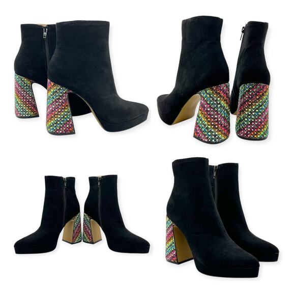 Betsey Johnson Ankle Boots Raylan Black Faux Suede Rhinestones Mutlicolor - Picture 5 of 14